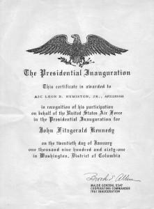 Certificate for Lee Humiston's participation in the JFK Inauguration.