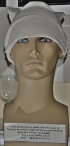 Sock hat made from a pair of white sweat socks sent from home, AND ACTUALLY RECEIVED, by Col. Larry Chesley, USAF. He needed a warm head more than warm feet! He was a POW from 4-16-66 to 2-12-73.