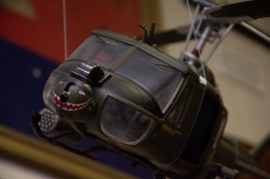Head on shot of a Huey gunship in Vietnam.