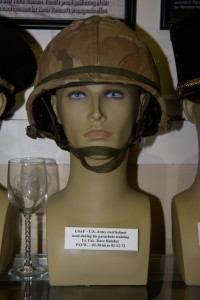 US Air Force/US Army steel helmet used during parachute training by Lt. Col. Dave Hatcher, POW 05-30-1966 to 02-12-1973.